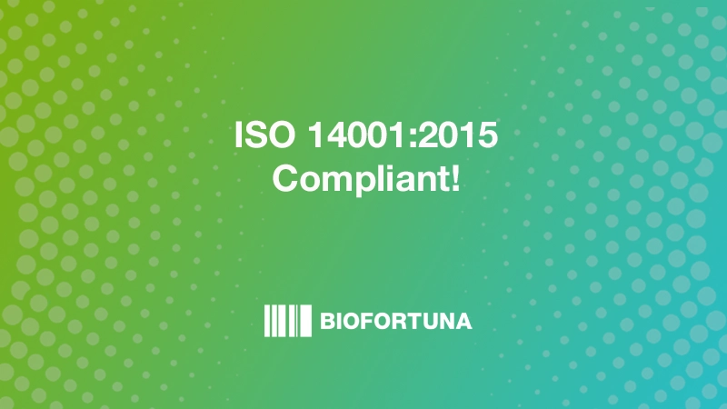 ISO 14001:2015 compliant above Biofortuna logo on gradient green to blue background