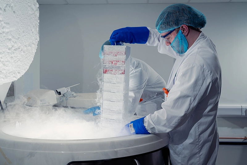 Biofortuna colleague wearing PPE, retrieving samples from -196C storage - biobanking