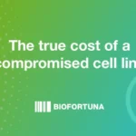 The true cost of a compromised cell line The true cost of a compromised cell line on a green to blue gradient background with the Biofortuna logo and a faded graphic of a section of DNA